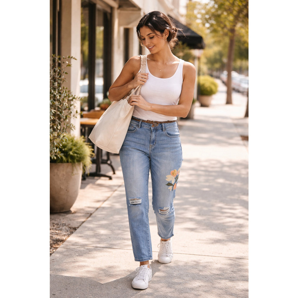Caslon Boyfriend Jeans 27 Embroidered Floral Distressed Blue Casual Denim